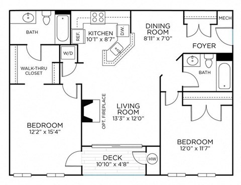 Floor plan for 2 beds, 2 baths, 1028 sqft
