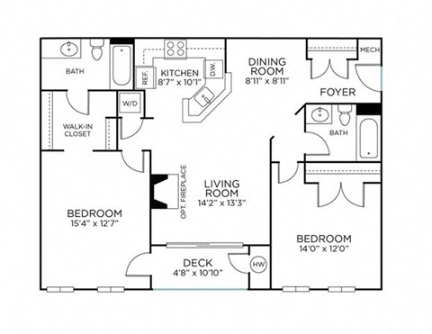 Floor plan for 2 beds, 2 baths, 1028 sqft