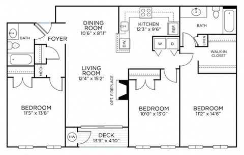 Floor plan for 3 beds, 2 baths, 1233 sqft