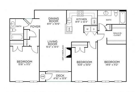 Floor plan for 3 beds, 2 baths, 1233 sqft