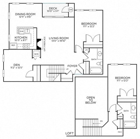 Floor plan for 2 beds, 2 baths, 1355 sqft