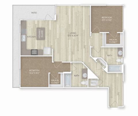 Floor plan for 2 beds, 2 baths, 1205 sqft