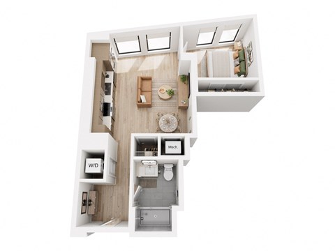Floor plan for 1 bed, 1 bath, 638 sqft