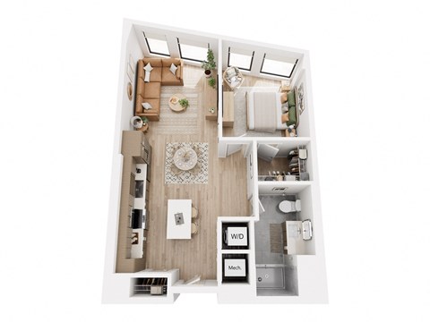 Floor plan for 1 bed, 1 bath, 729 sqft