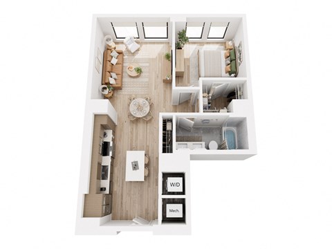 Floor plan for 1 bed, 1 bath, 733 sqft
