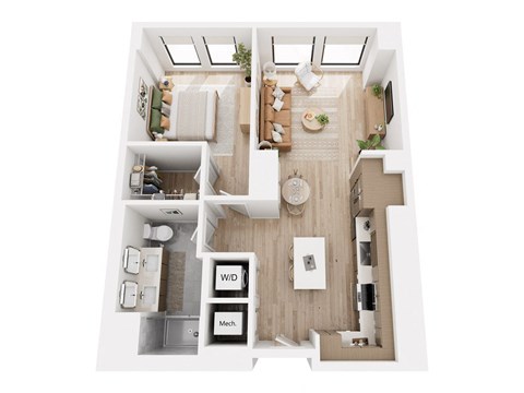 Floor plan for 1 bed, 1 bath, 785 sqft