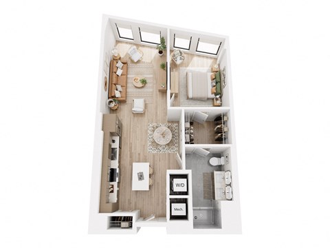 Floor plan for 1 bed, 1 bath, 842 sqft