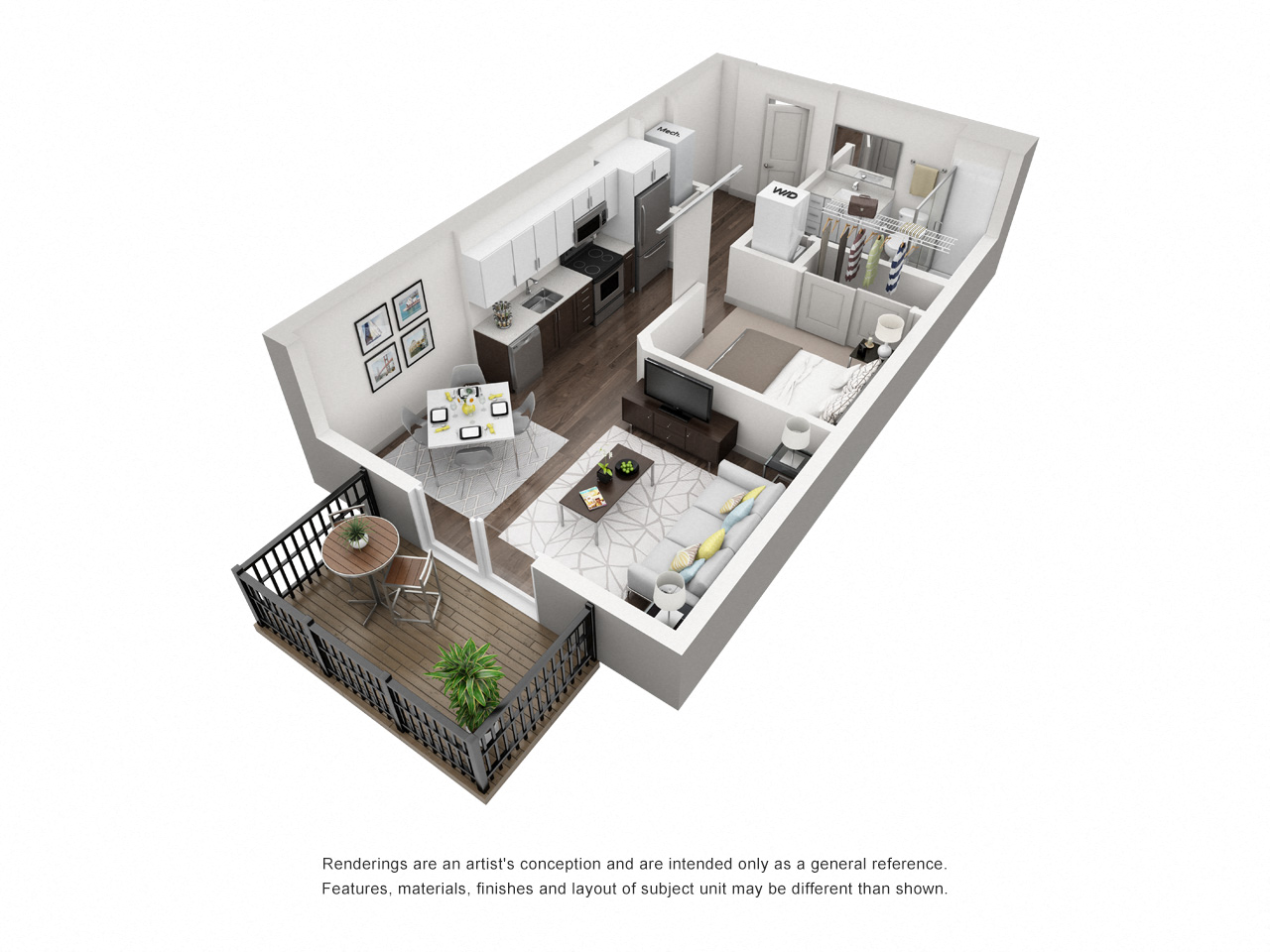 Floor plan for 1 bed, 1 bath, 559 sqft