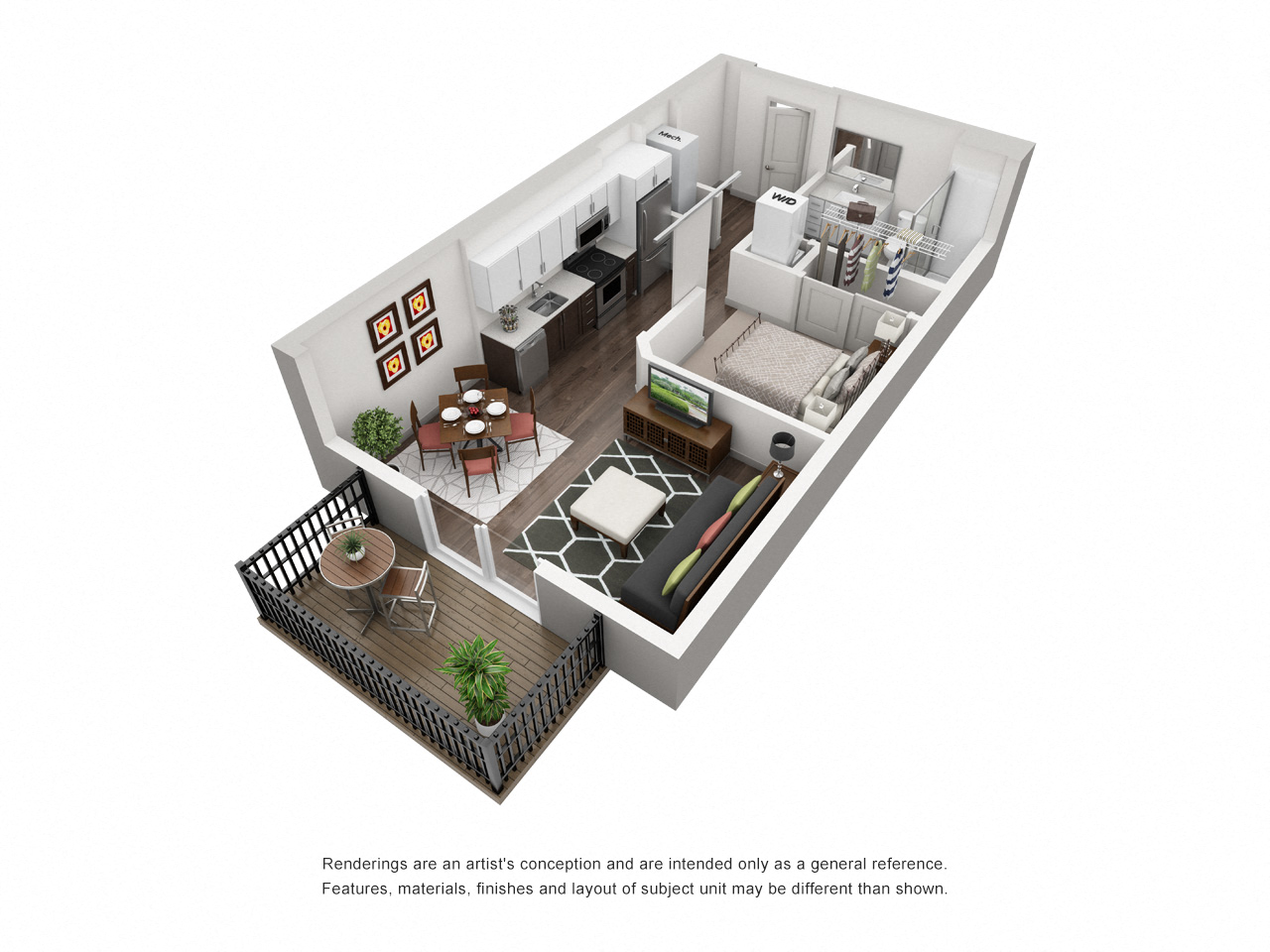 Floor plan for 1 bed, 1 bath, 559 sqft