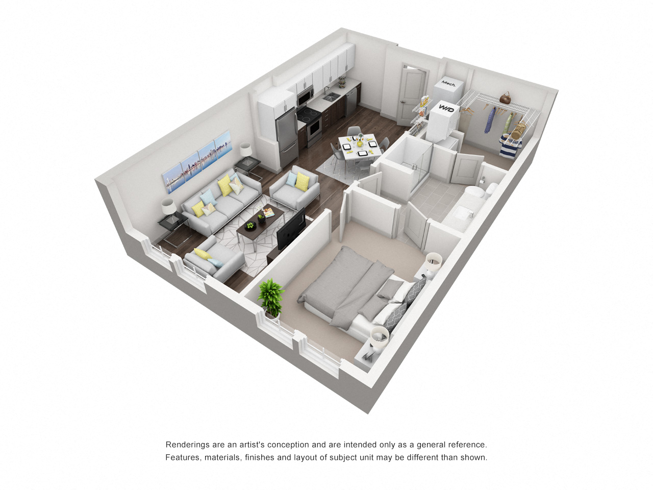 Floor plan for 1 bed, 1 bath, 665 sqft