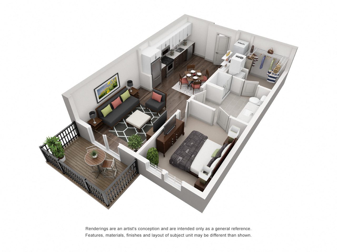 Floor plan for 1 bed, 1 bath, 665 sqft