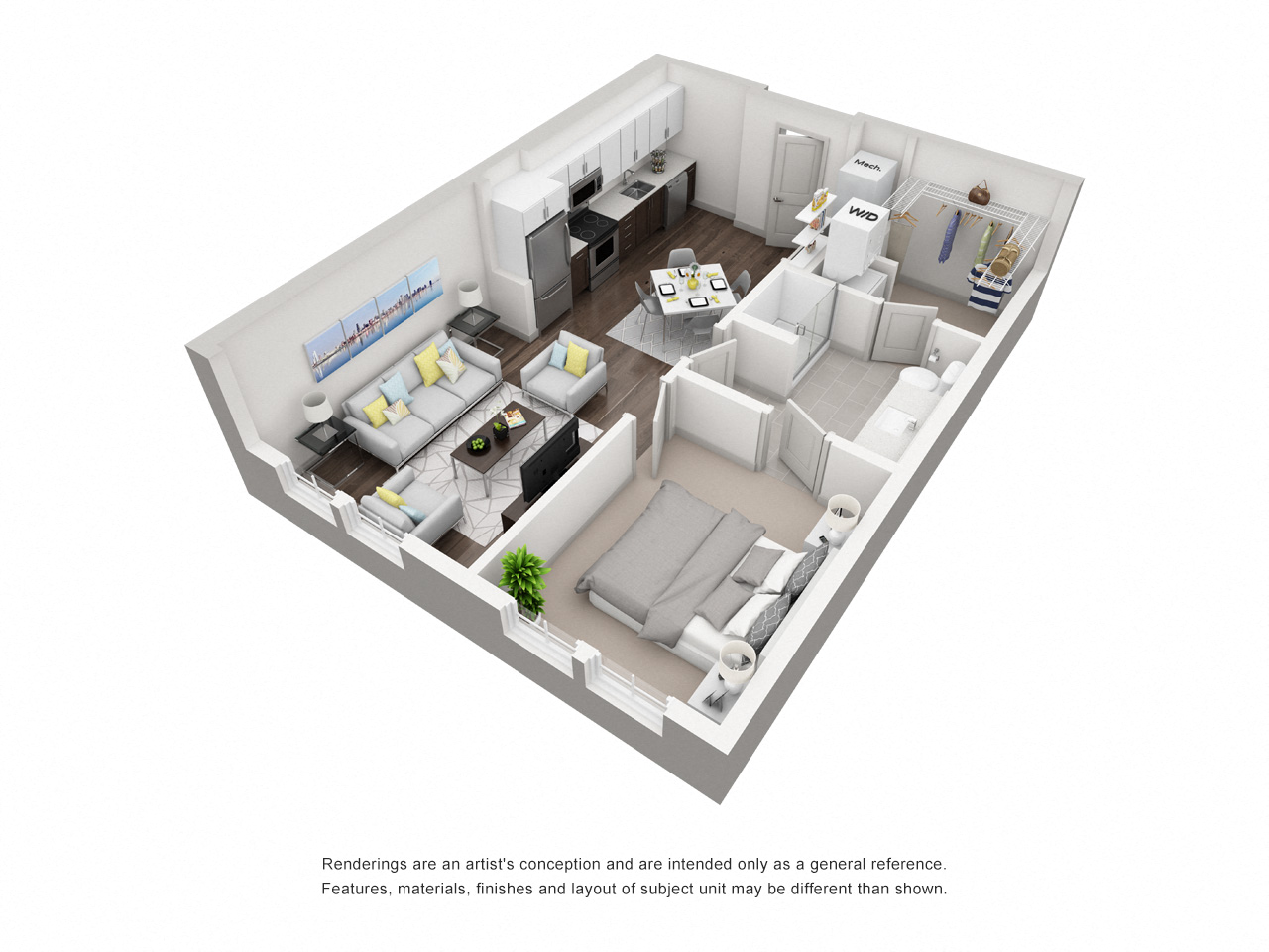 Floor plan for 1 bed, 1 bath, 626 sqft