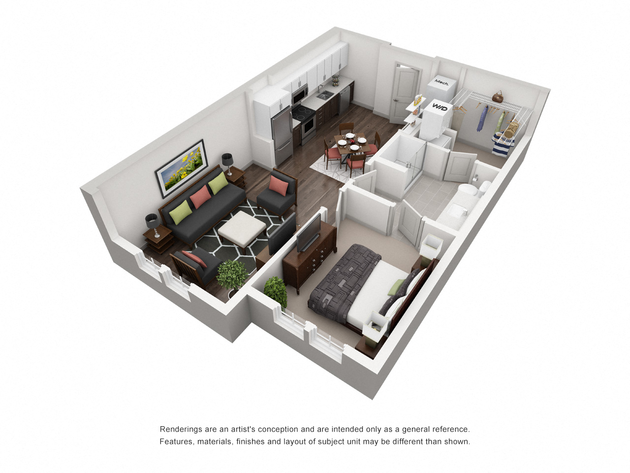 Floor plan for 1 bed, 1 bath, 678 sqft