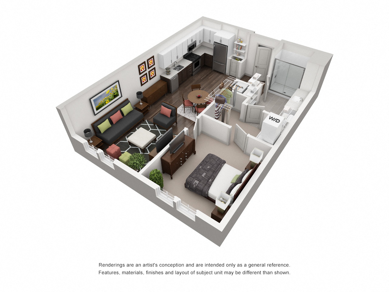 Floor plan for 1 bed, 1 bath, 730 sqft