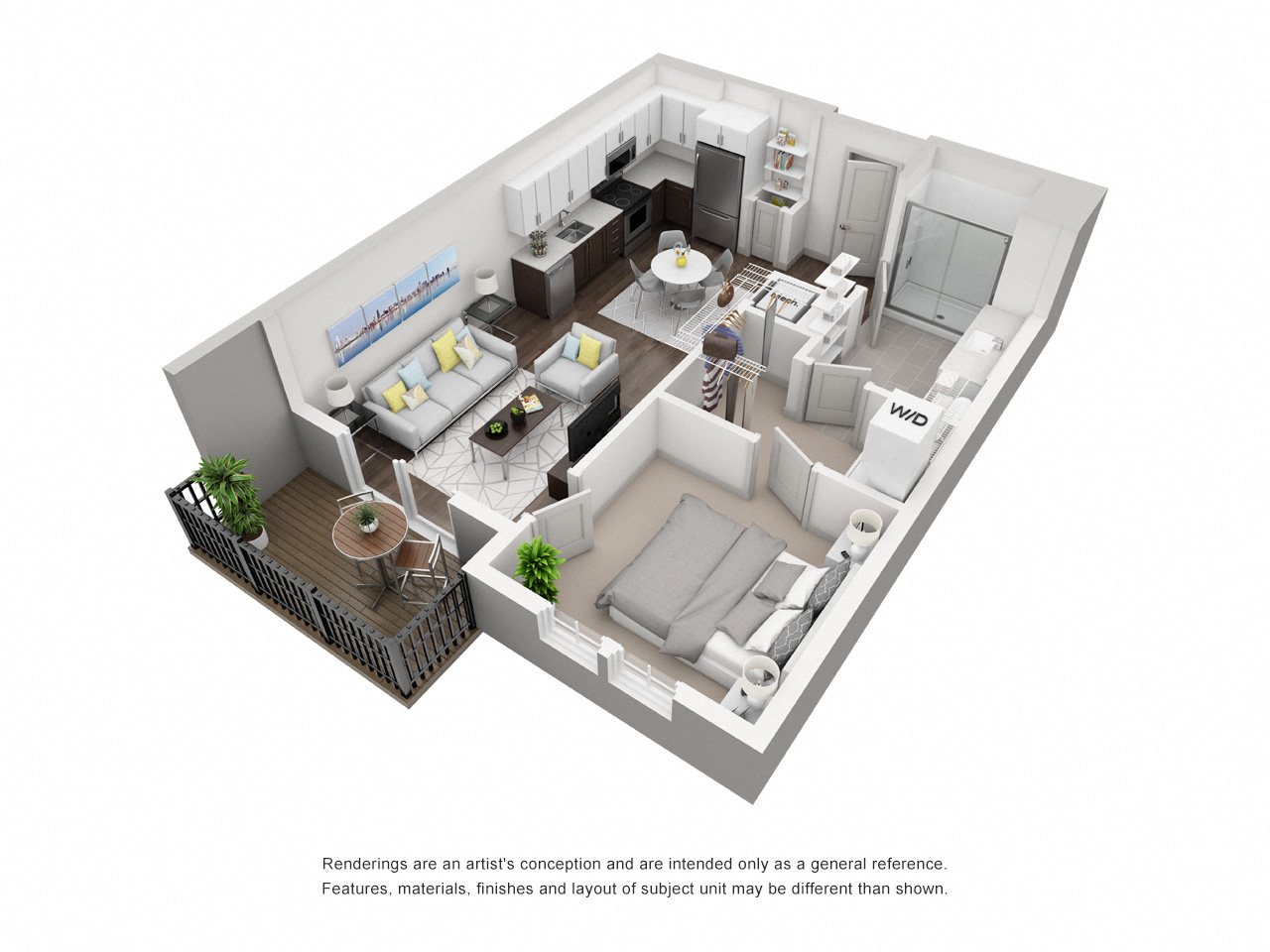 Floor plan for 1 bed, 1 bath, 659 sqft