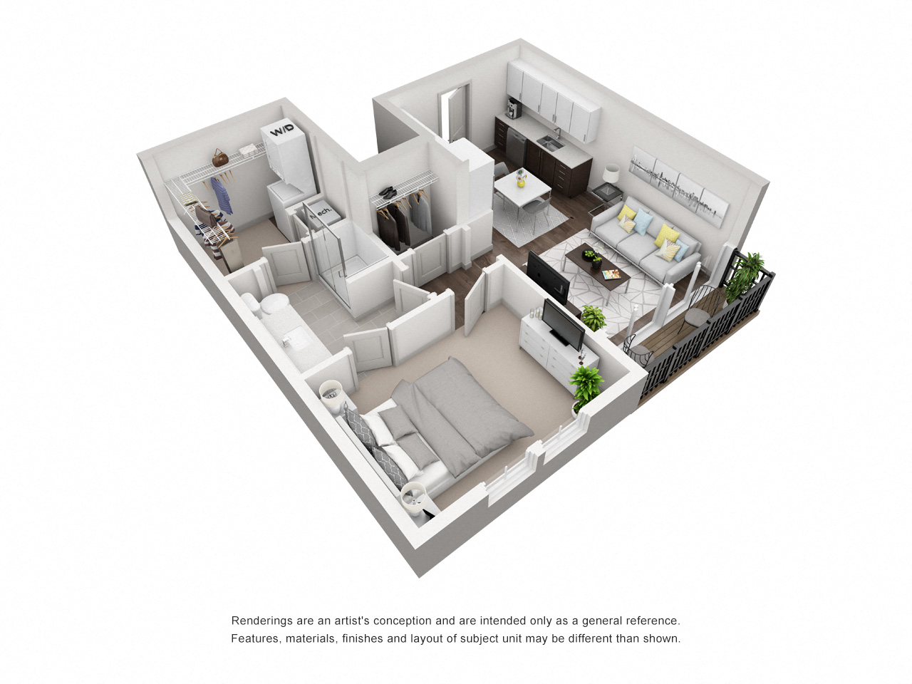 Floor plan for 1 bed, 1 bath, 602 sqft