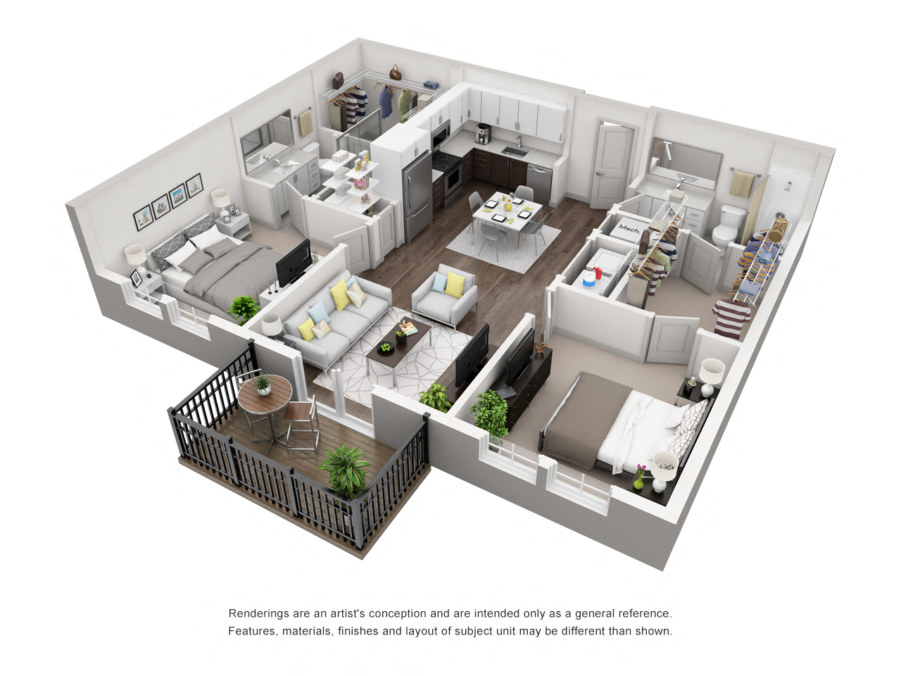 Floor plan for 2 beds, 2 baths, 958 sqft