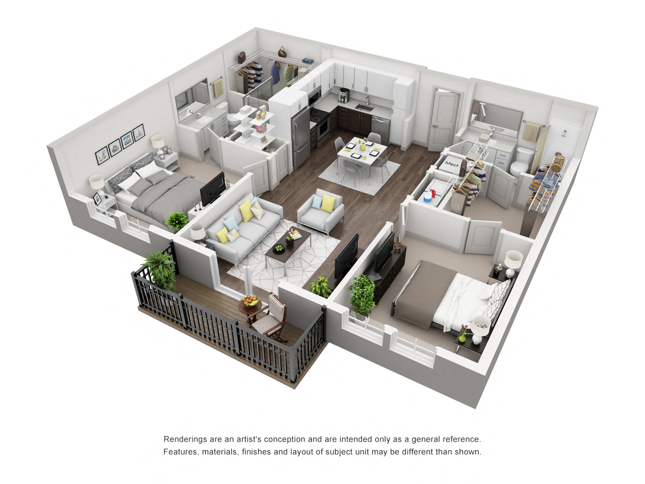 Floor plan for 2 beds, 2 baths, 1049 sqft