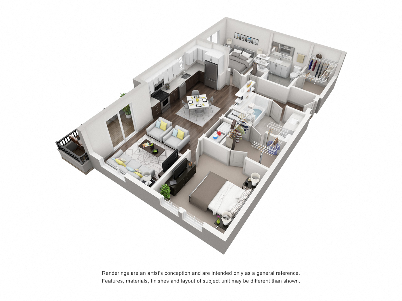 Floor plan for 2 beds, 2 baths, 1051 sqft