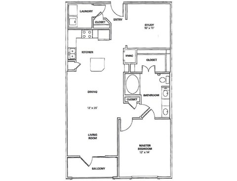 Floor plan for 1 bed, 1 bath, 988 sqft