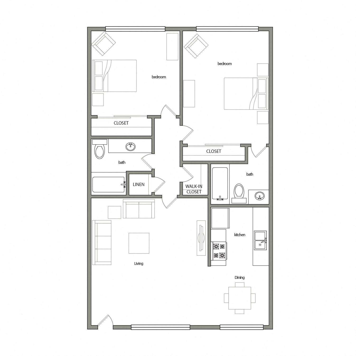 Floor plan for 2 beds, 2 baths, 936 sqft