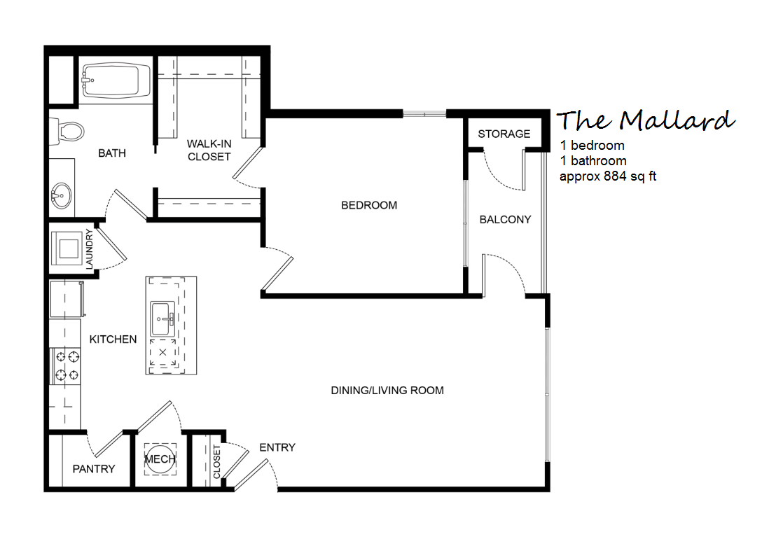 Floor plan for 1 bed, 1 bath, 886 sqft
