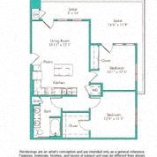 Floor plan for 2 beds, 1 bath, 839 sqft