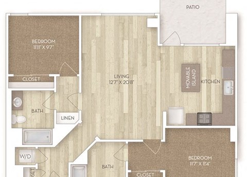 Floor plan for 2 beds, 2 baths, 1173 sqft