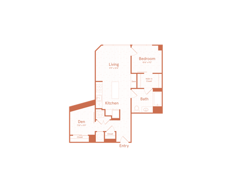 Floor plan for 1 bed, 1 bath, 968 sqft