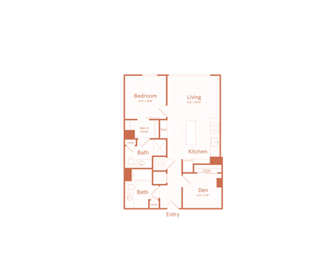 Floor plan for 1 bed, 1 bath, 821 sqft