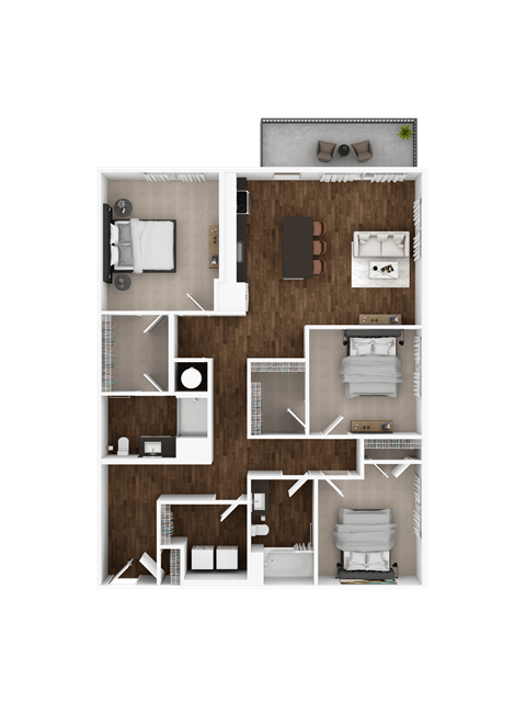 Floor plan for 3 beds, 2 baths, 1355 sqft
