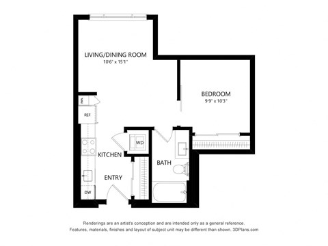 Floor plan for studio, 1 bath, 534 sqft