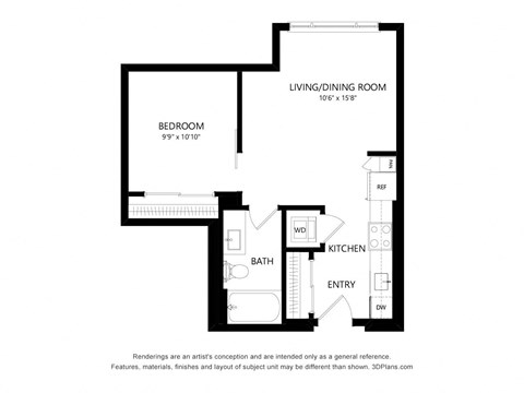 Floor plan for studio, 1 bath, 565 sqft