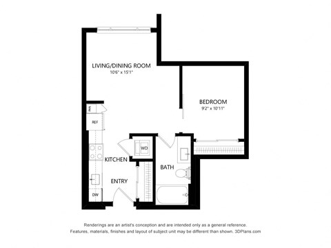 Floor plan for studio, 1 bath, 522 sqft