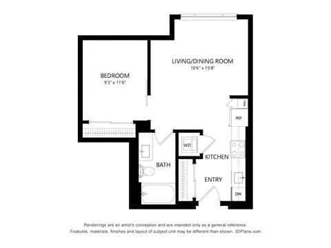 Floor plan for studio, 1 bath, 555 sqft