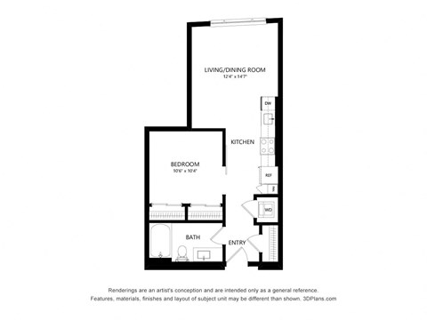 Floor plan for studio, 1 bath, 572 sqft