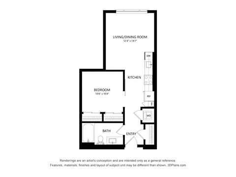 Floor plan for studio, 1 bath, 565 sqft