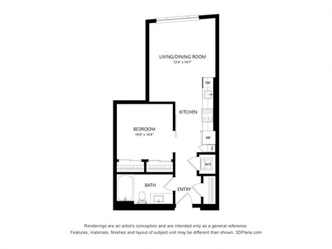 Floor plan for studio, 1 bath, 582 sqft