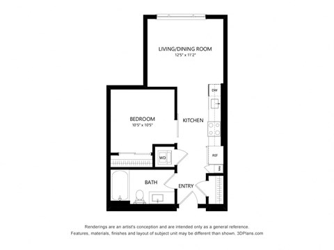 Floor plan for studio, 1 bath, 532 sqft