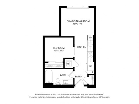 Floor plan for studio, 1 bath, 499 sqft