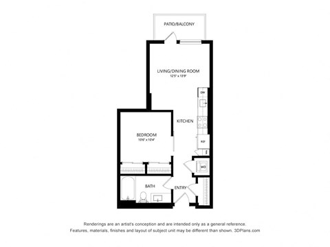 Floor plan for studio, 1 bath, 565 sqft