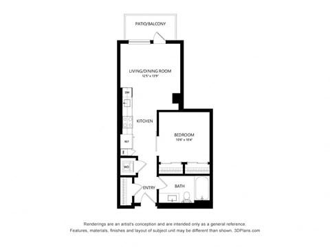 Floor plan for studio, 1 bath, 565 sqft