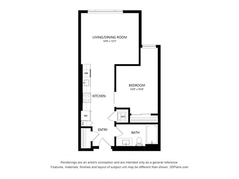 Floor plan for studio, 1 bath, 666 sqft