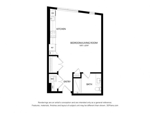 Floor plan for studio, 1 bath, 620 sqft