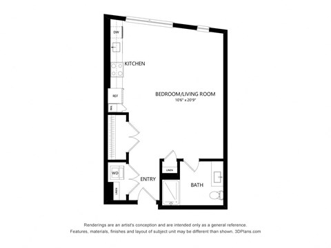 Floor plan for studio, 1 bath, 620 sqft