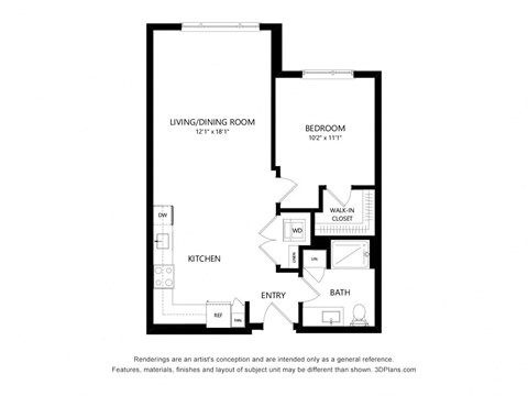 Floor plan for 1 bed, 1 bath, 695 sqft