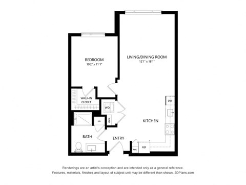 Floor plan for 1 bed, 1 bath, 713 sqft