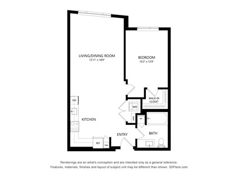 Floor plan for 1 bed, 1 bath, 760 sqft