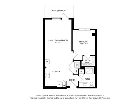 Floor plan for 1 bed, 1 bath, 695 sqft