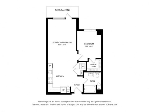 Floor plan for 1 bed, 1 bath, 712 sqft